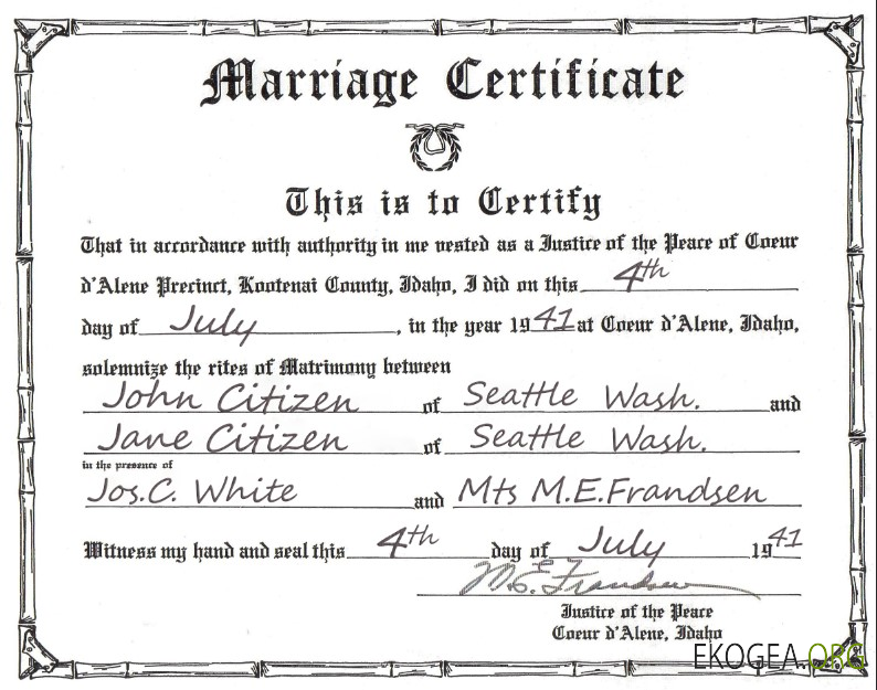 Modèle de certificat de mariage USA Idaho au format PSD